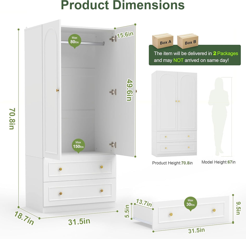 GOODONE Wooden Armoire Wardrobe Closet - 71" Tall Bedroom Armoires with 2 Doors and 2 Drawers, Modern Wardrobe Cabinet with Removable Hanging Rod, White