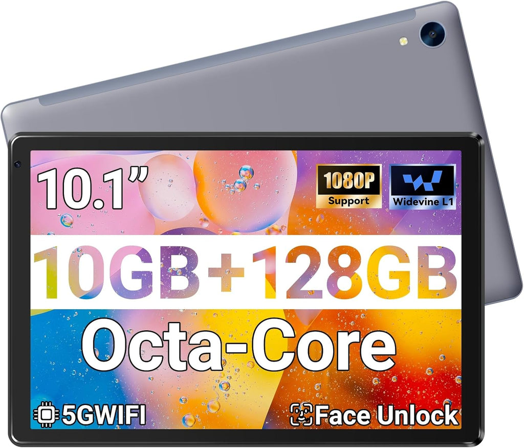Tablet 10.1" Android Tablet, Octa-Core Processor, 10GB RAM+128GB ROM 1TB Expandable, Widevine L1 1280x800 IPS HD Touchscreen, 5MP+8MP Dual Camera Face Unlock, 5000mAh Battery WiFi 6 BT5.3,Gray