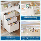 Twin Size Loft Bed with L-Shaped Gaming Desk, Storage Drawers, Glass Cabinet & Hutch, Twin Loft Bed with Smart LED Lights & Power Outlets, Metal Bed Frame with Safety Guardrail & Ladder for Kids/Teens