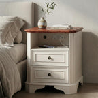 24" White Nightstand with Charging Station, Set of 2 Modern Farmhouse Bedside Table with 2 Drawers and Open Shelf, Traditional Wood End Table with Outlets and USB Ports