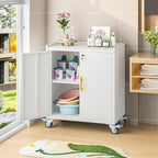Metal Storage Cabinet with Wheels,Rolling Tool Cabinets with Doors and Adjustable Shelves,Lockable Garage Storage Cabinet,Heavy Duty Tool Chest for Home Office Utility Room,Assembly Required,White