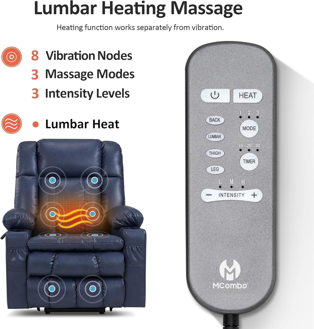 MCombo Dual Motor Large Power Lift Recliner Chair for Elderly, Lay Flat Lift Chair with Heat and Massage, Big Lift Recliner for Tall People, Faux Leather 7896 (Blue, Large)