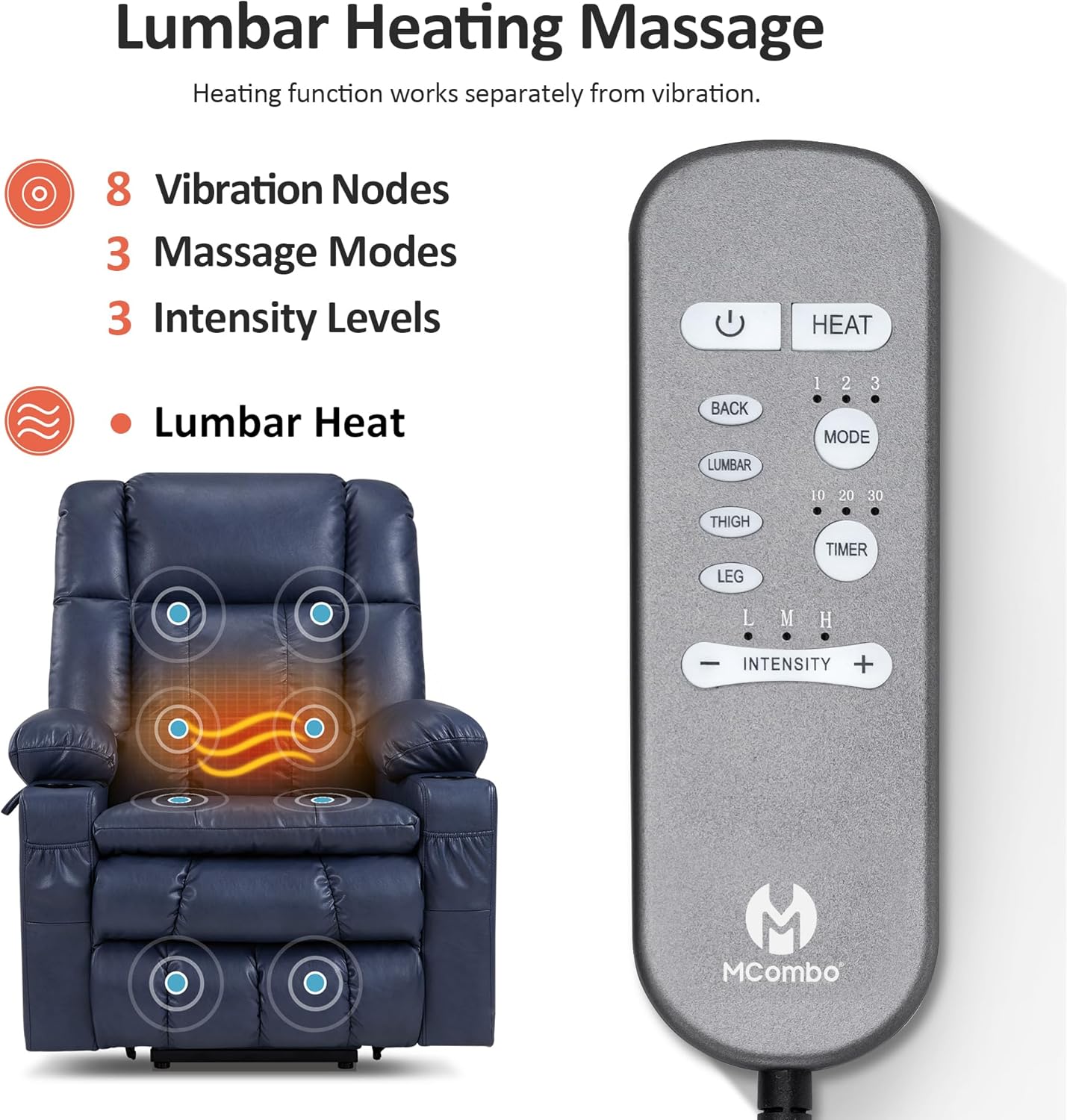 MCombo Dual Motor Large Power Lift Recliner Chair for Elderly, Lay Flat Lift Chair with Heat and Massage, Big Lift Recliner for Tall People, Faux Leather 7896 (Blue, Large)
