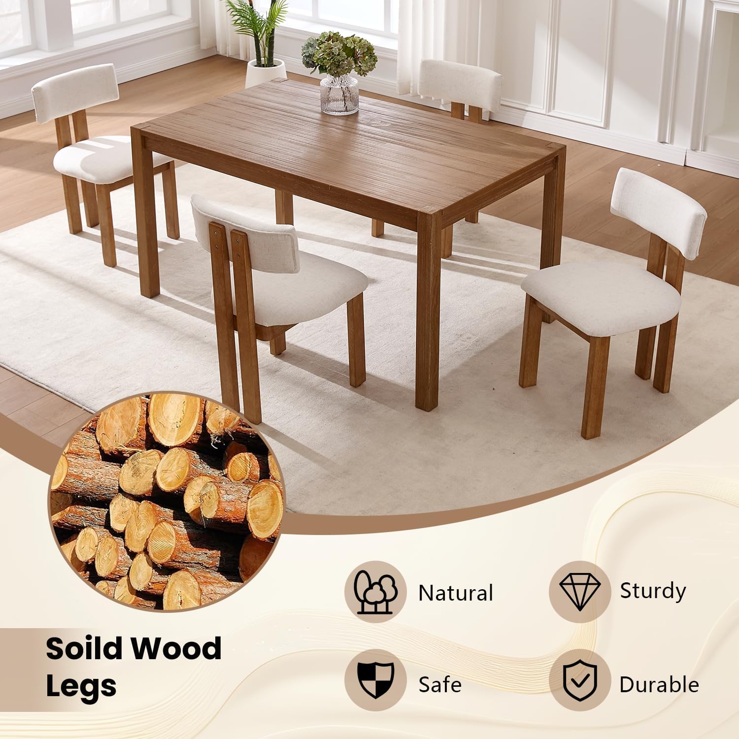 Kmax Farmhouse Dining Chair Set of 4, Linen Fabric Kitchen Chair Curved Back Armless Dining Room Chairs with Walnut Wood Legs for Family Diner, White