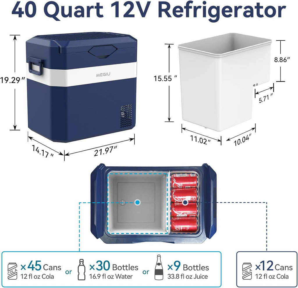 Megiu Car Fridge Portable 12V Refrigerator 40 Quart 12 Volt Freezer Compressor Cooler 12V/24V DC 110～240 V AC for Truck Van RV Camper SUV and Home Use (HC-38P5s)