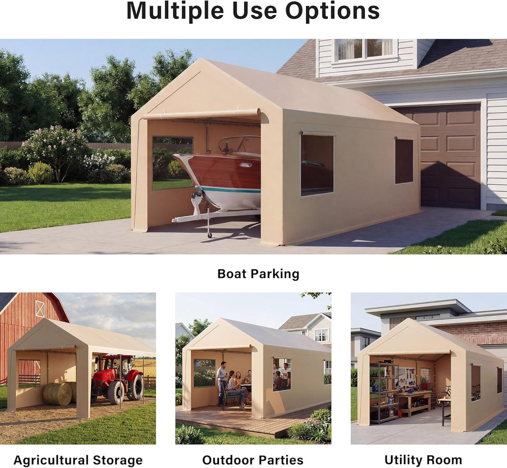 LAUSAINT HOME 10x20FT Carport, Heavy Duty Car Canopy with Roll-up Windows, Garage Storage Tent Shelter with Removable Sidewalls & Doors, for Boat, Car, Truck, Khaki