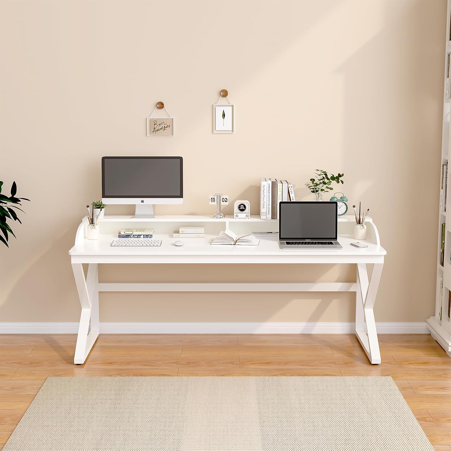 Long Desk with Monitor Stand - 63" Double Long Computer Table for 2-Person Workstation, Large Writing Study Work Desk for Home and Office, White