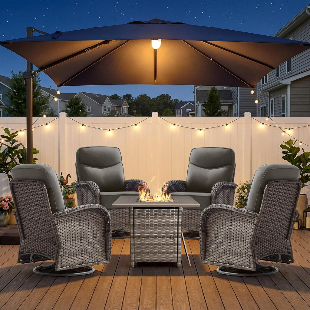 Luxury Outdoor Swivel Rocker Patio Chairs of 4 with Fire Pit Table - 5 Piece Furniture Set with 6-Inch Smile Cushions High Back Brown Wicker Rattan Gliders for Porch Balcony Deck - Grey