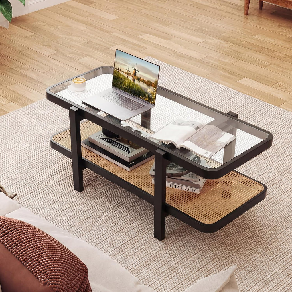 Giantex Rattan Coffee Table, 47.5" Rectangle Solid Wood Tea Table w/Tempered Glass Tabletop, Rattan Storage Shelf, 2-Tier Boho Coffee Tables, Farmhouse Center Table for Living Room (Black)