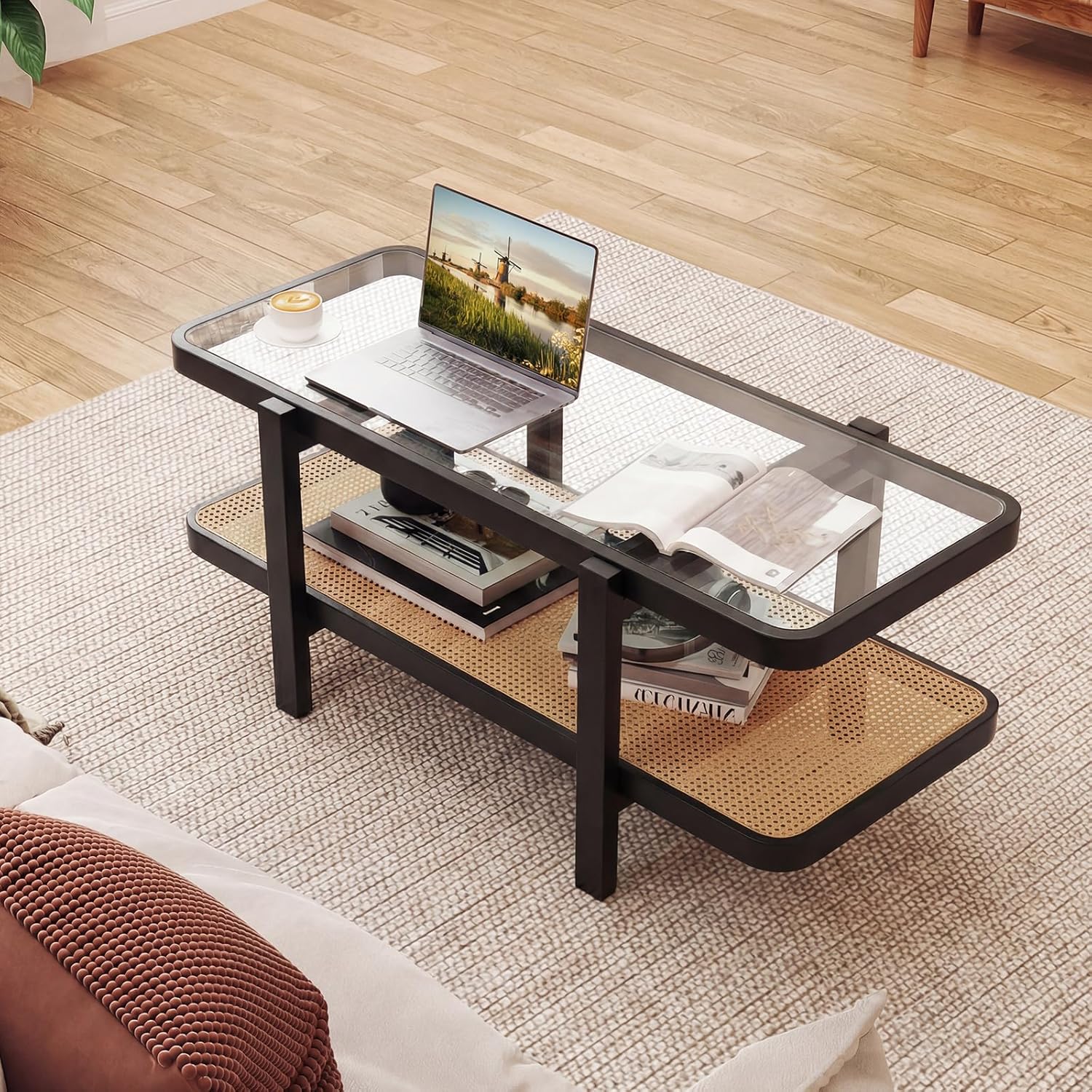 Giantex Rattan Coffee Table, 47.5" Rectangle Solid Wood Tea Table w/Tempered Glass Tabletop, Rattan Storage Shelf, 2-Tier Boho Coffee Tables, Farmhouse Center Table for Living Room (Black)