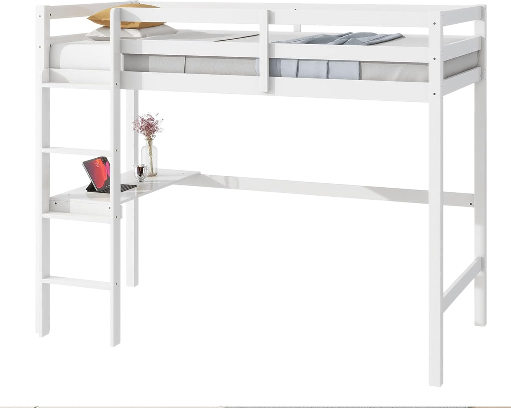 Twin Loft Bed with Desk, Wood Bed Twin Size with Ladder and Safety Guardrail, Space-Saving High Loft Bed for Kids, Adults, No Box Spring Needed, White
