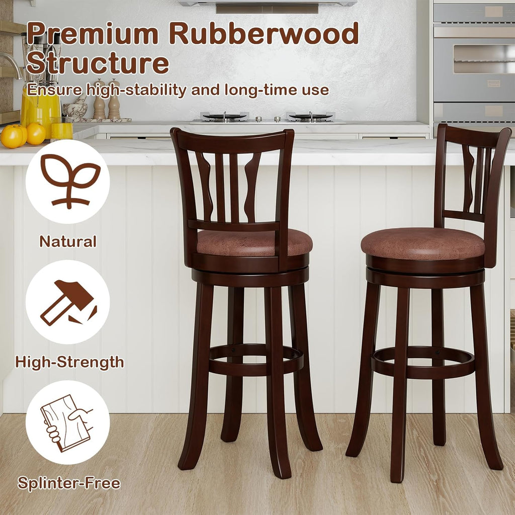 COSTWAY 30" Bar Height Stools Set of 4, Swivel High-Top Chairs with Backrest & Faux Leather Padded Seat, Rubber Wood Counter Barstools with Footrest for Kitchen Islands, Dining Room, Pub (4,30'')