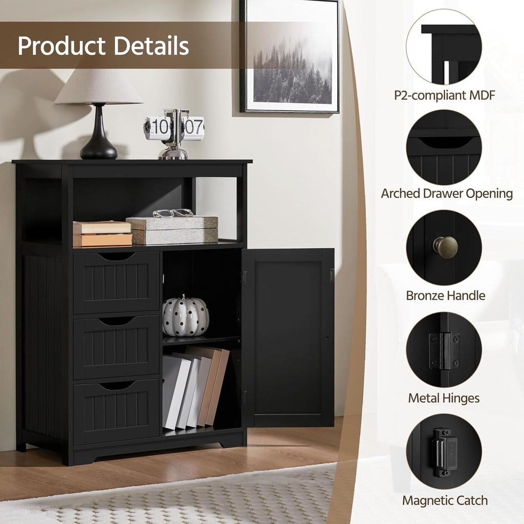 Yaheetech Bathroom Storage Cabinet Bathroom Floor Cabinet Freestanding Organizer and Storage with Door, 3 Drawers, Adjustable Shelf, 35.5 Inches Height, Black Cabinet
