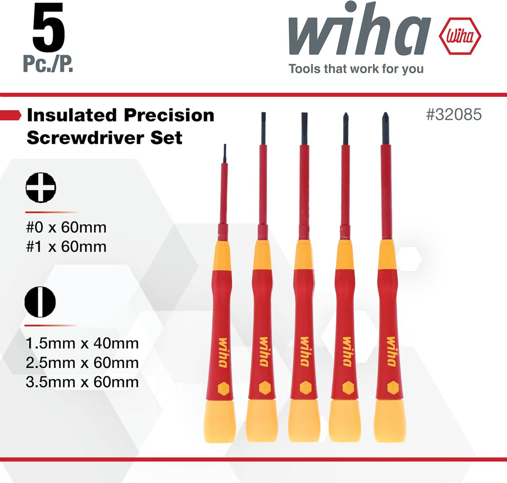 Wiha 32085 Insulated PicoFinish Precision Screwdriver Set, 5 Piece, Slotted & Phillips, 1000V VDE, Black Oxide