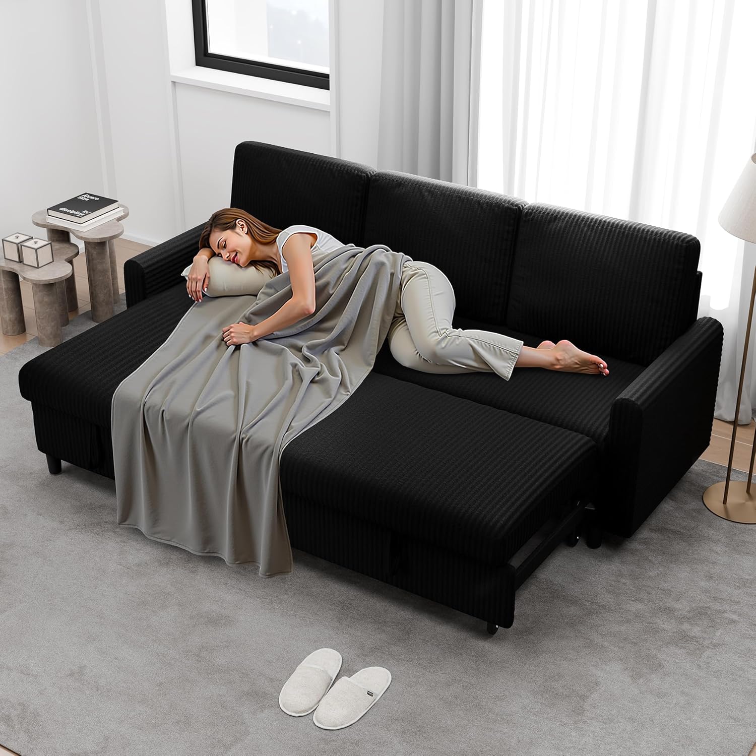Walsunny Sectional Sofa Couch L Shaped Sleeper Sofa Bed Pull Out Bed with Storage, Reversible Sectional Couches for Living Room, Apartment, Office(Black)