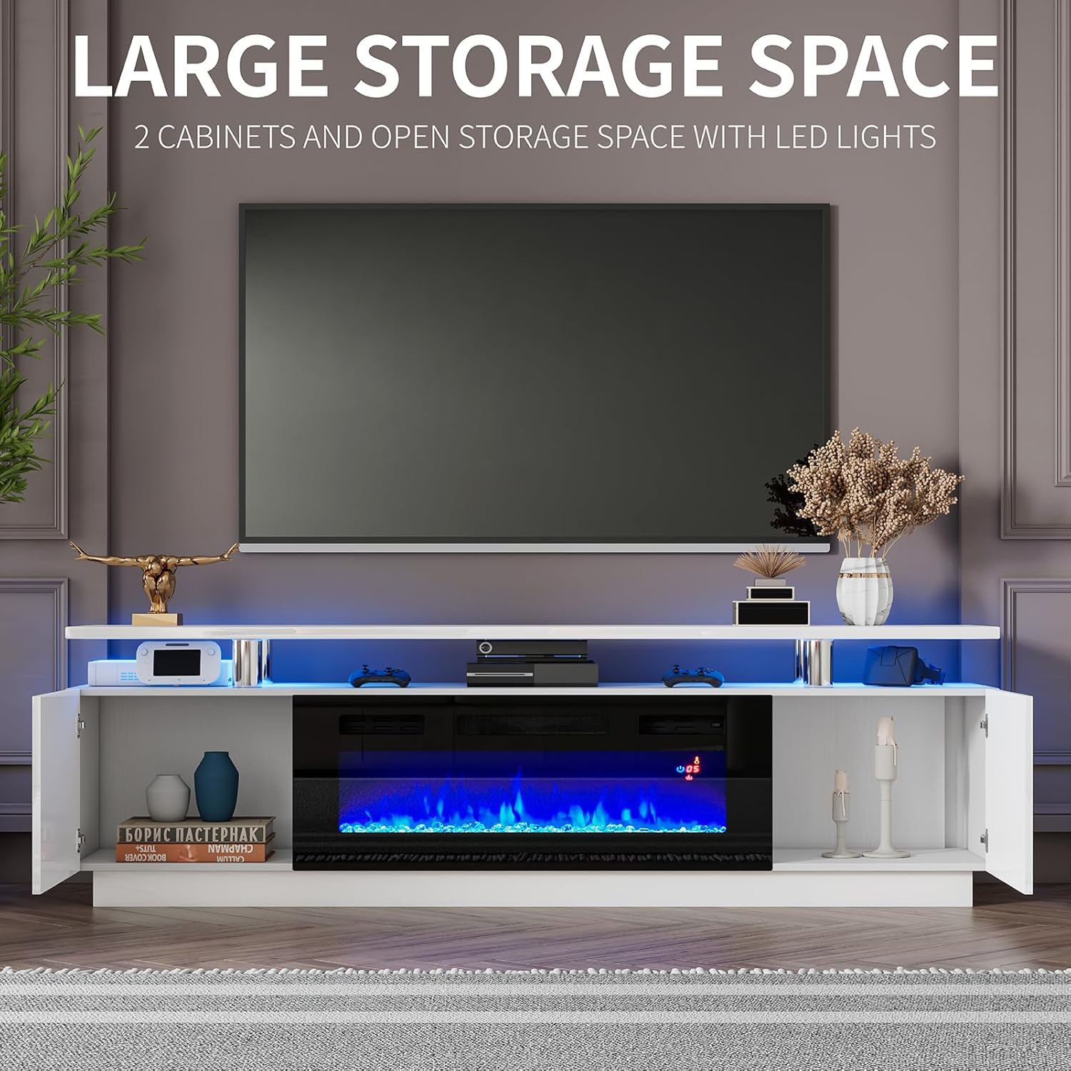 Modern Fireplace TV Stand with 36" Electric Fireplace,Finish Media Console with Open Storage, LED Lights Entertainment Center for TVs Up to 80", White