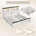 EnHomee Queen Bed Frame with Headboard and Storage, 4 Drawers and LED Built in Charging Station Bed Frame Queen Size with Storage Farmhouse, NO Noise,No Box Spring Needed, White