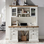 OKD 60" Executive Desk with Hutch and Drawers, Farmhouse Home Office Desk with Charging Station, Keyboard Tray, File Cabinet Storage, Wood Computer Desk for Work and Study, Antique White