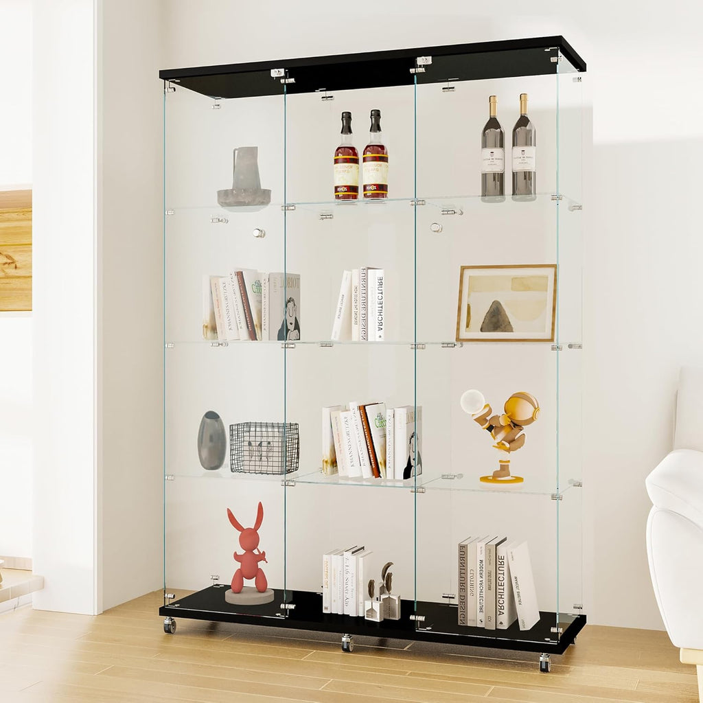 LFT HUIMEI2Y Glass Display Cabinet 12 Shelves with 3 Columns 2 Doors and Lock, Extra Large DIY Curio Cabinets Quick-Install Style Tempered Glass Bookshelf for Living Room, Bedroom, Black