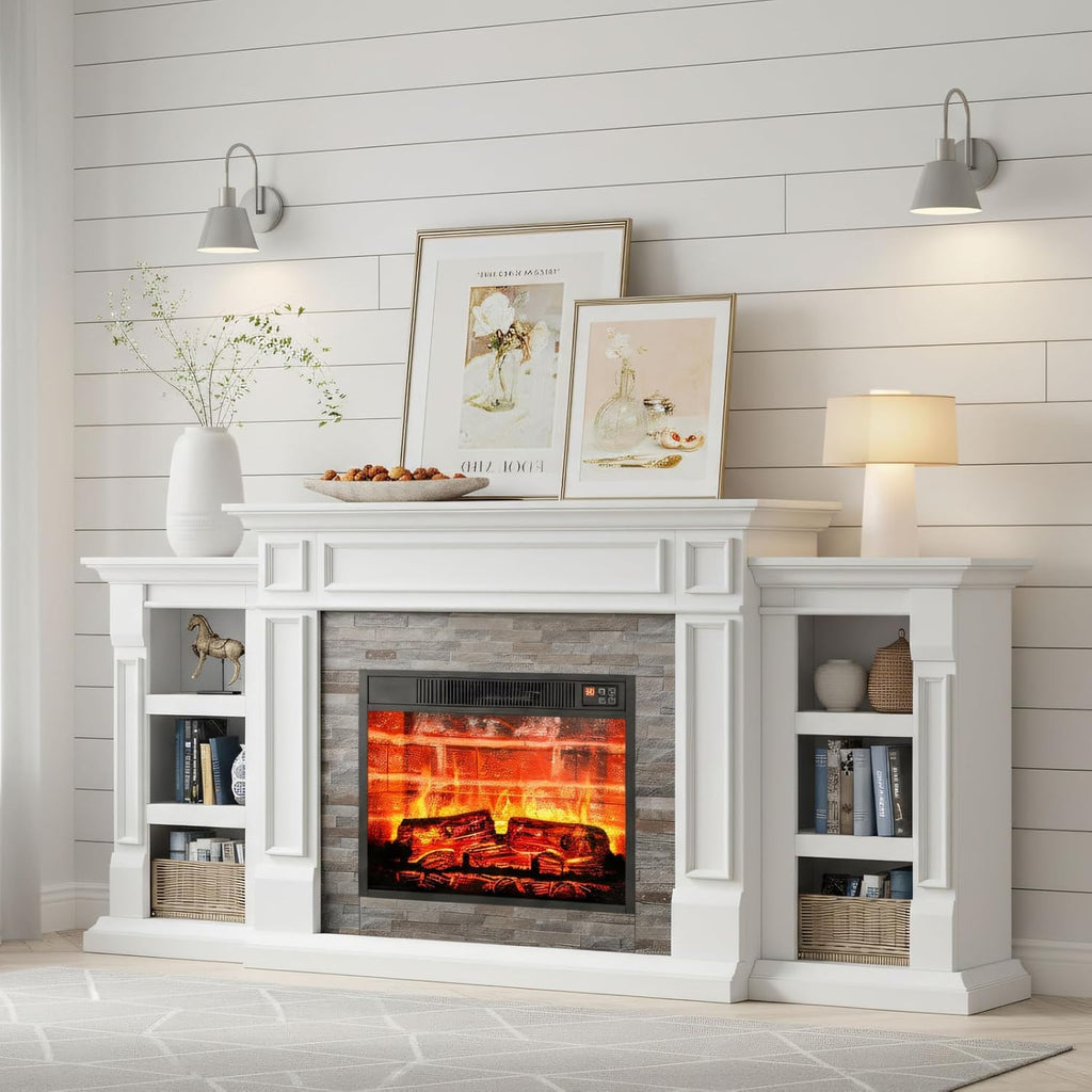 LGHM 72" Electric Fireplace with Mantel, Fireplace TV Stand for TVs Up to 80 Inch, Modern Entertainment Center with Storage, Fireplace Heater Insert with Realistic 3D Flame for Living Room