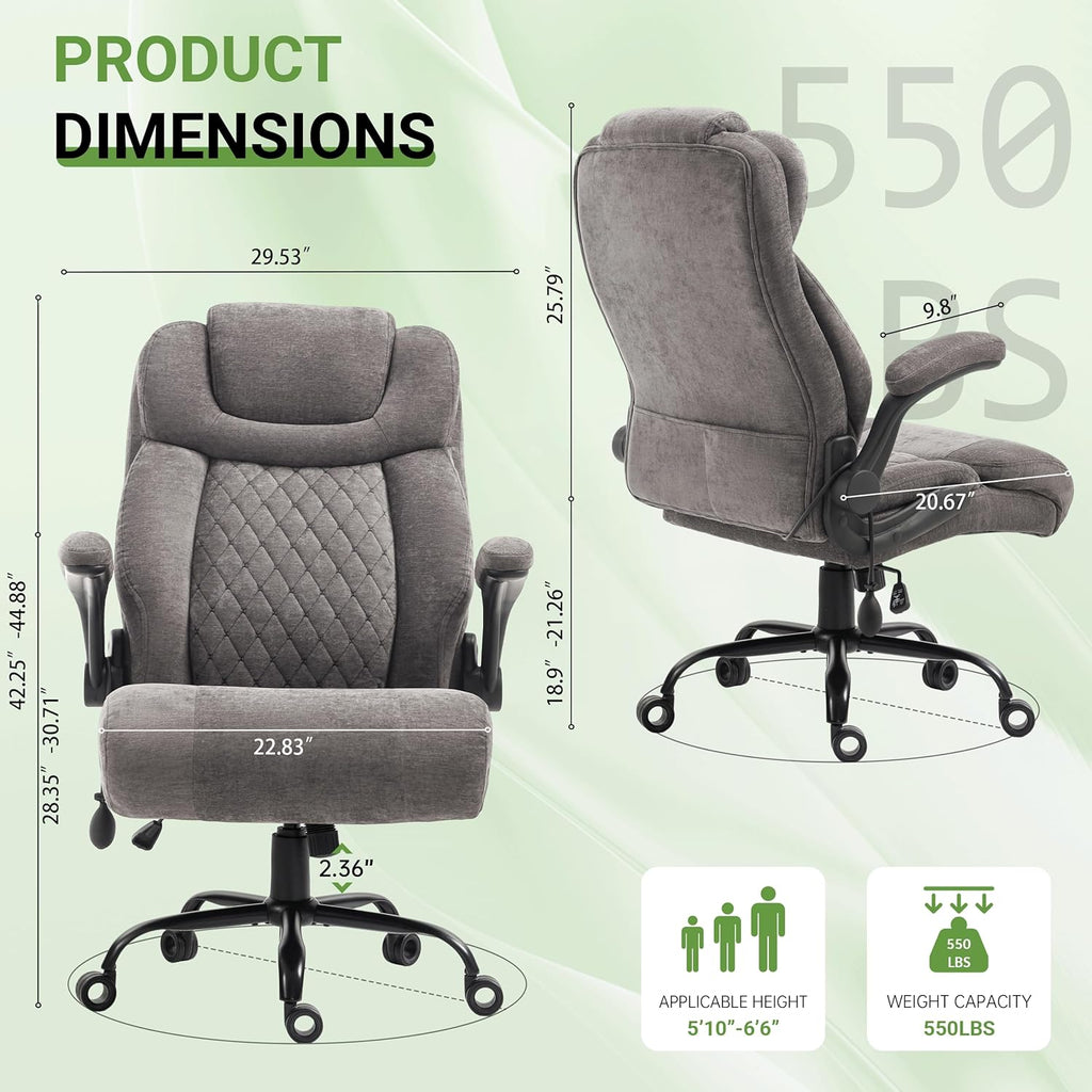 Office Chair, Big and Tall Executive Chairs with Lumbar Support for Back Pain, Breathable Fabric Desk Computer Chair with Adjustable Flip-up Armrests,Wide Cushion Swivel Home Office Chair Black,Grey