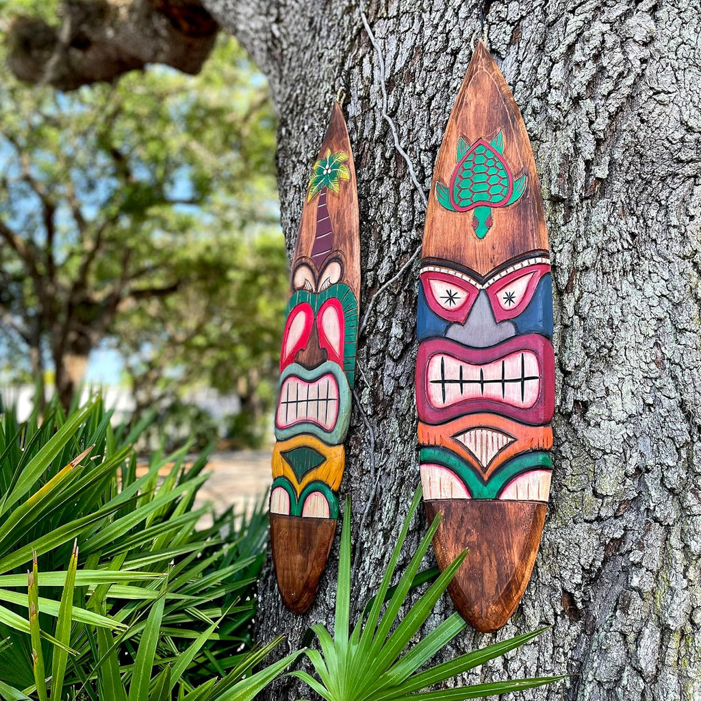 Set of 2 Wooden Tiki Surfboard Wall Decor, 39" Hand-Carved Surfboards with Sea Turtle and Palm Tree Designs, Hand-Painted Tropical Wall Art, Coastal Beach House Accent, Rustic Bar or Patio Hanging