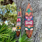 Set of 2 Wooden Tiki Surfboard Wall Decor, 39" Hand-Carved Surfboards with Sea Turtle and Palm Tree Designs, Hand-Painted Tropical Wall Art, Coastal Beach House Accent, Rustic Bar or Patio Hanging