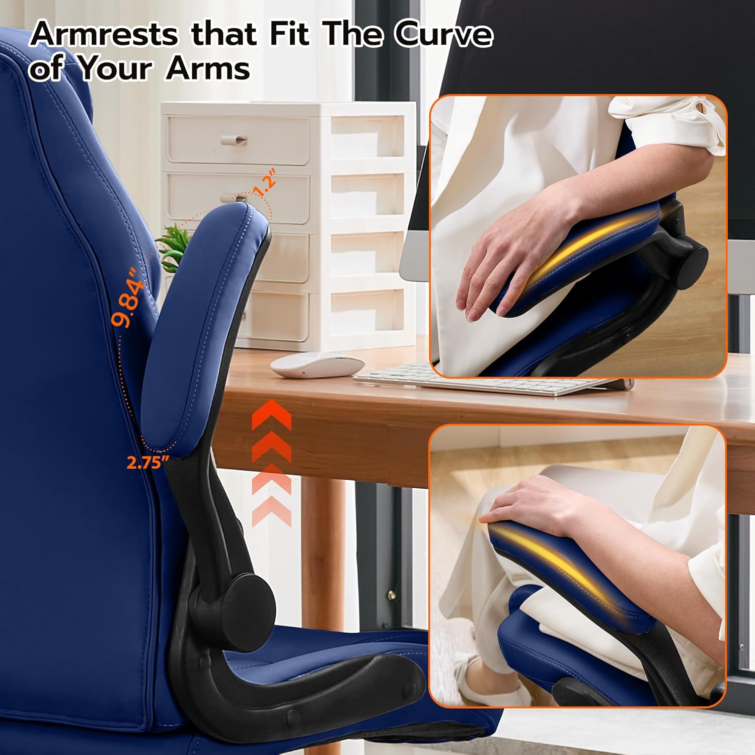 Office Desk Chair, Ergonomic Computer Chair with Padded Flip-Up Arms and Adjustable Lumbar Support, PU Leather Executive Chair with Tilt Lock and 360° Swivel Rolling Wheels for Work, Study