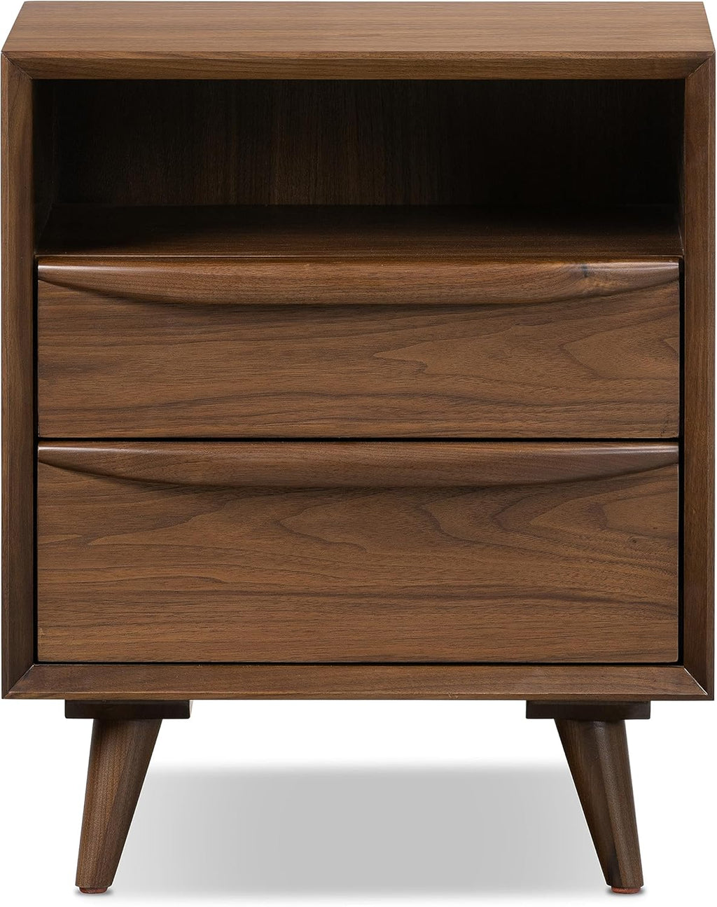 Poly & BARK Cura 22” Nightstand – Solid and Veneered American Black Walnut Bedside Table with Soft‑Close Drawers, Cord Management Cut‑Out and Splayed Solid Walnut Legs