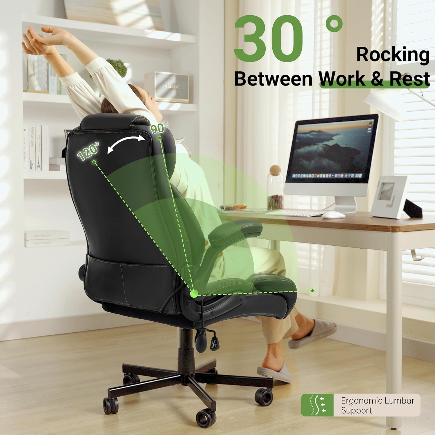 Office Chair, Big and Tall Executive Chairs with Lumbar Support for Back Pain, Breathable Desk Computer Chair with Adjustable Flip-up Armrests, Wide Cushion Swivel Home Office Chair Black PU