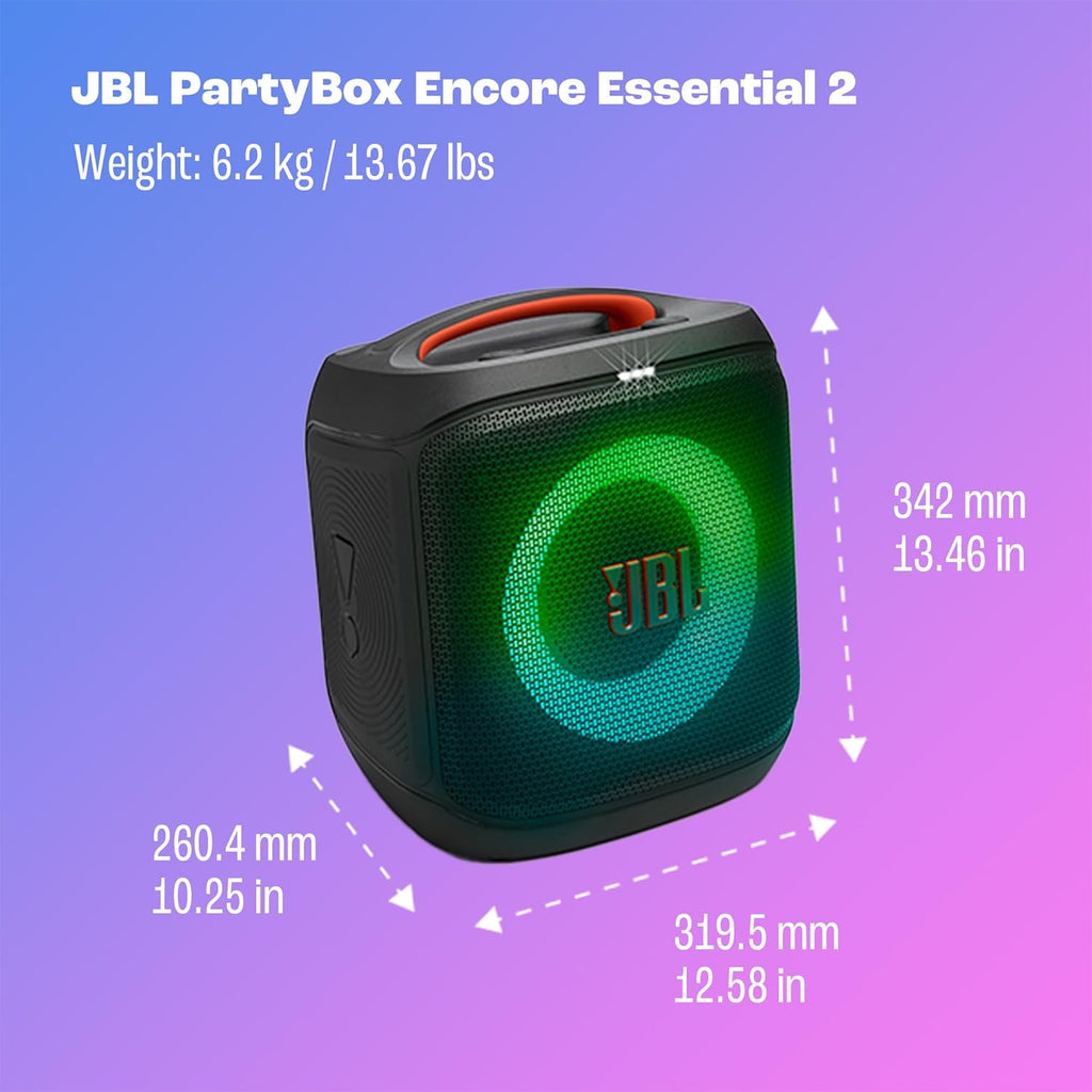 JBL PartyBox Encore Essential 2 - Portable Battery-Powered Party Speaker with AI Sound Boost  Up to 15 Hours of Play time  IPX4 Splash Proof  and Multi-Speaker Connection by Auracast (Black)
