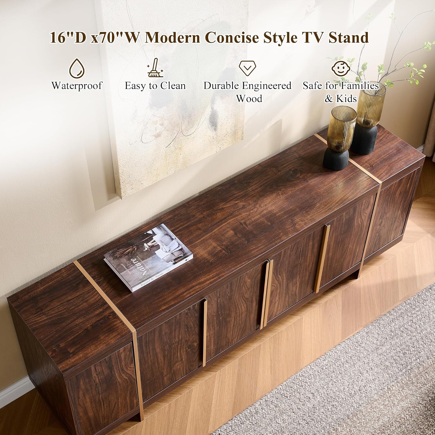 OKD Modern 70" TV Stand,Entertainment Center for TVs Up to 80",TV Console with Storage,Integrated Plinth,Handle-Free Hidden Doors Design,Media Console for Living Room,Bedroom(Dark Walnut)