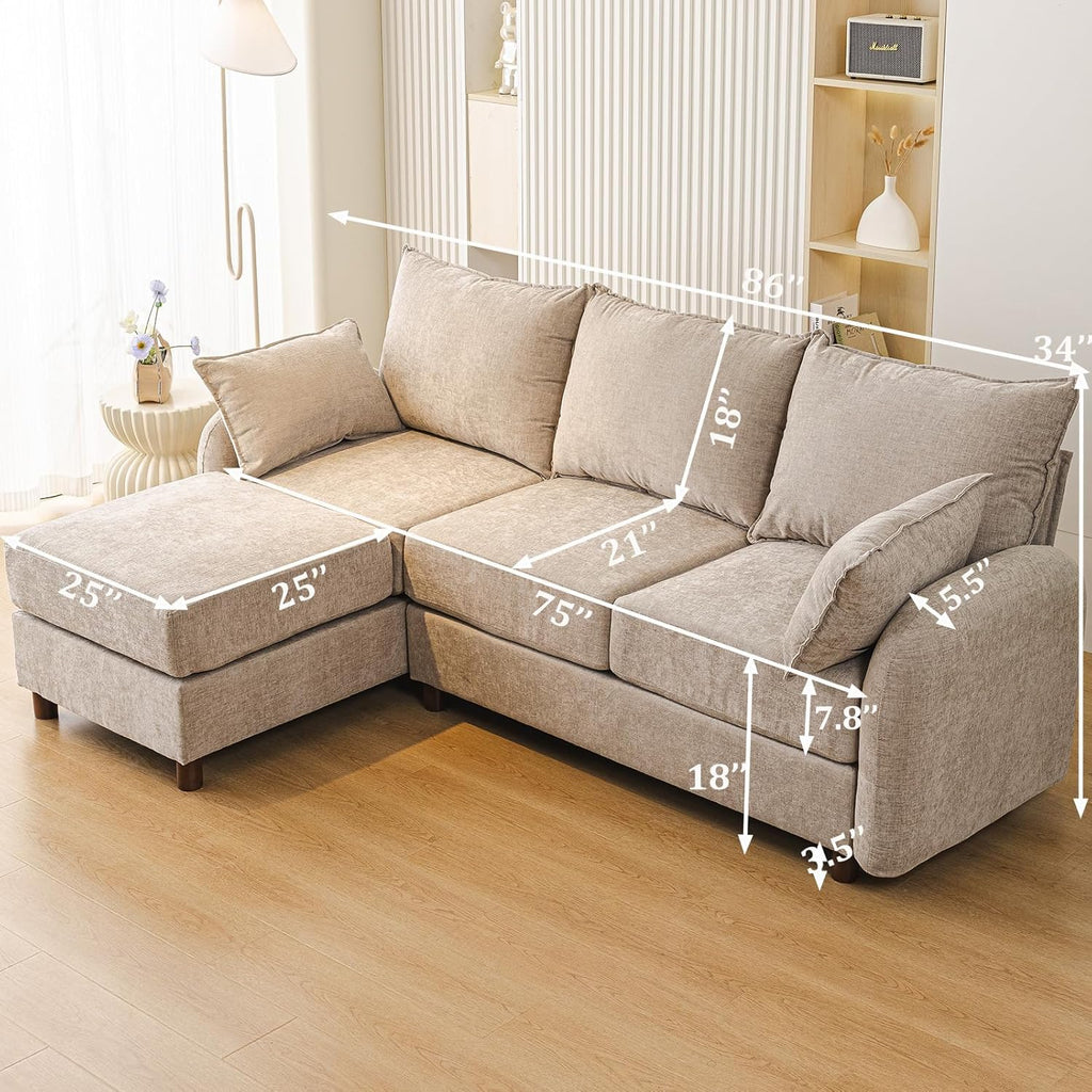 86'' Sectional Couches, L Shaped Couch with Movable Chaise Lounge,Comfy 3 Seats Sofa with Thick Cushion,Wood Legs,2 Throw Pillows,Sectional for Living Room,Bedroom,Apartment,Chenille,Khaki