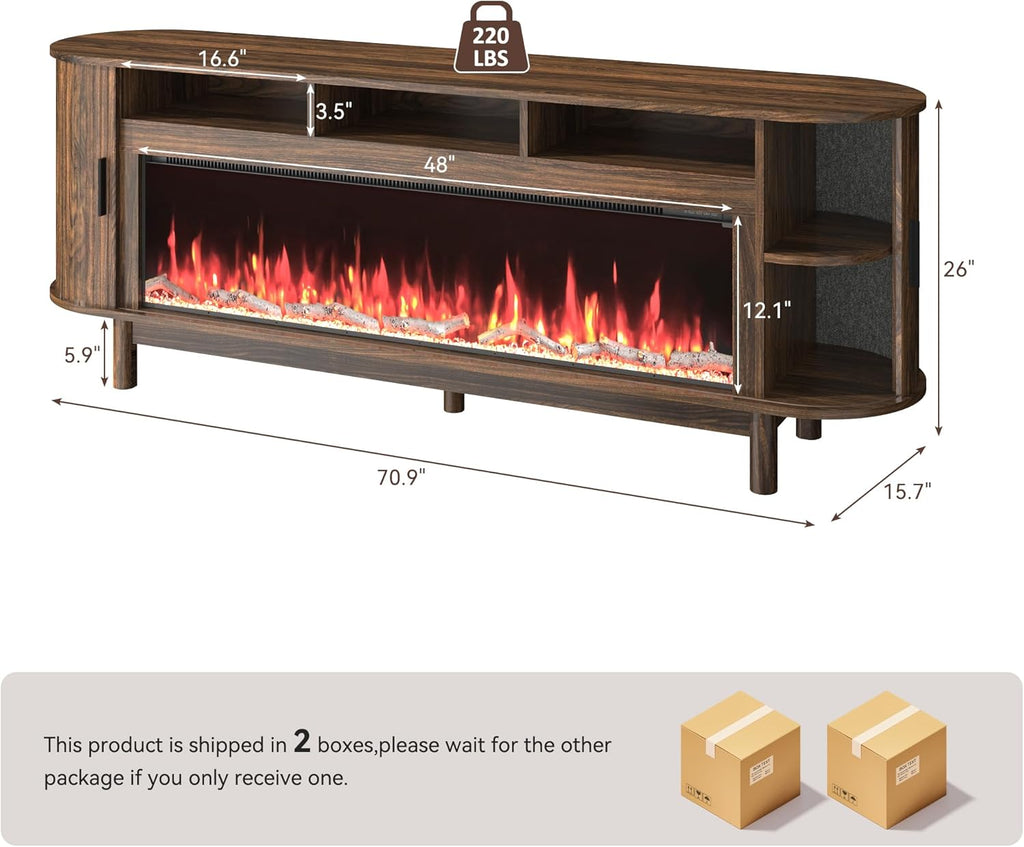 70" Farmhouse TV Stand with 50" Fireplace for TVs up to 85" 80" 75" 70" 65", Media Entertainment Center with Large Storage Cabinet,Sliding Doors for Living Room, Walnut