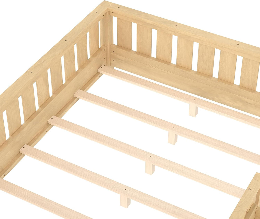 Bellemave Light Natural Montessori Floor Bed with Fence and Slats, Full Size Montessori Floor Bed with Bookcase and High Rails, Easy Assemble Bed Frame for Girls, Boys, Full