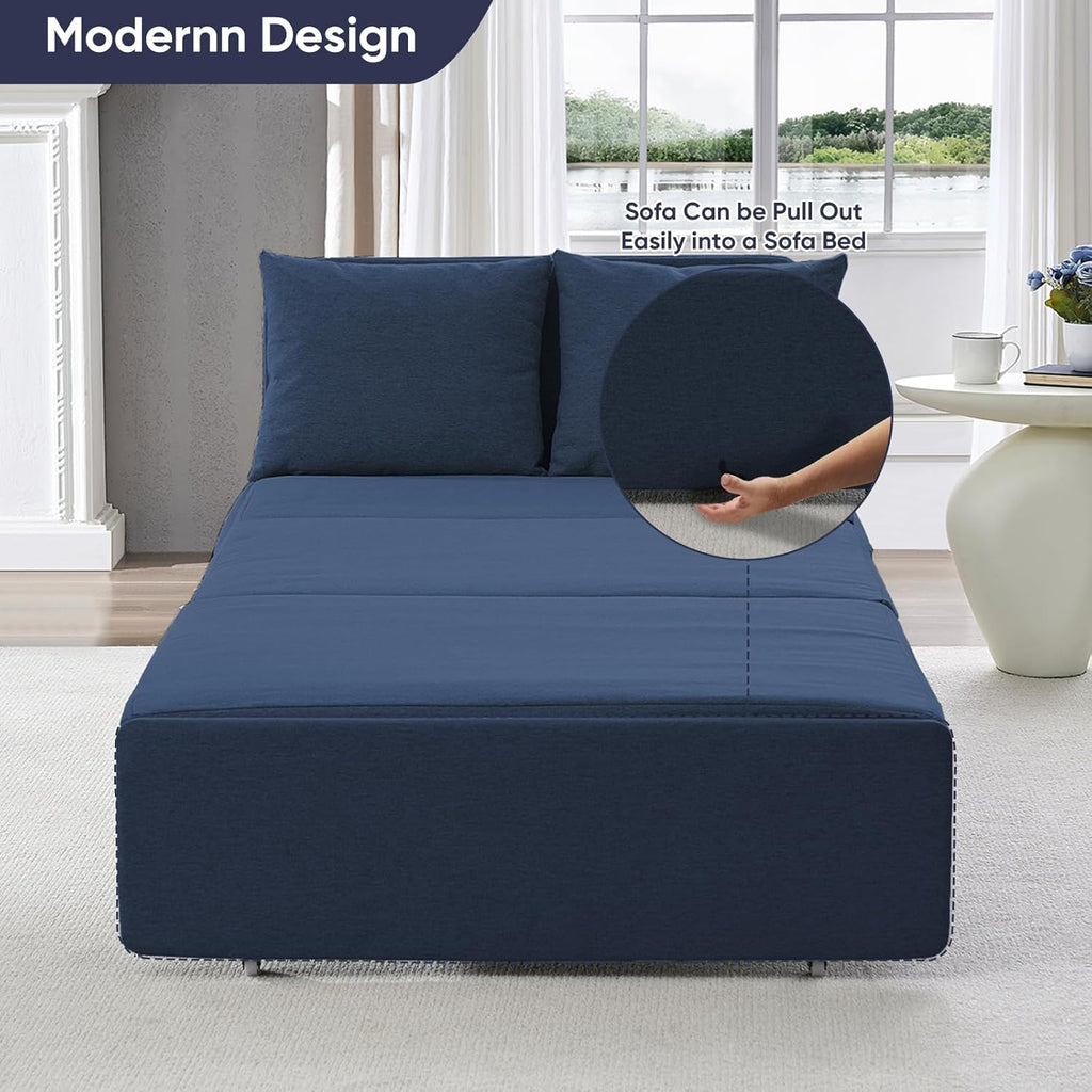 ijuicy 3 in 1 Twin Size Pull Out Sofa Bed Linen Sleeper Sofa with Pullout Bed, Convertible Loveseat Couch Beds with Pillows and Tri-fold Mattress for Small Space Apartment, Dark Blue