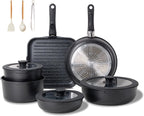 JEETEE Cookware Set (6 Essential Pots & 19 Accessories), Nonstick Pots and Pans with Detachable Handle for Induction Cooking, RV Kitchen Space Saving, PFAS Free, Black