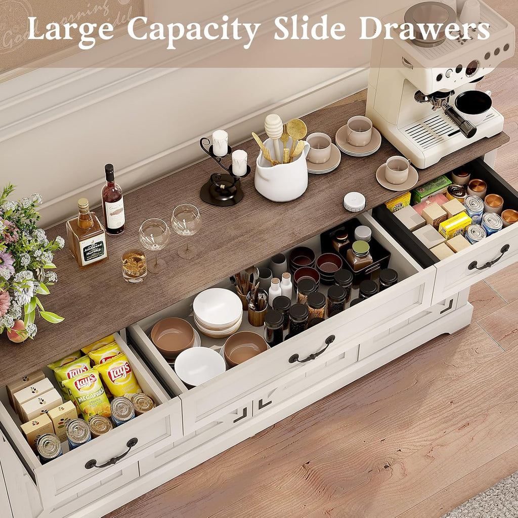 Sunny Heart 65" Large Buffet Storage Cabinet, Farmhouse Kitchen Sideboard Buffet with 3 Drawers and 4 Doors, Coffee Bar Wine Bar Cabinet with Storage for Living Room, White