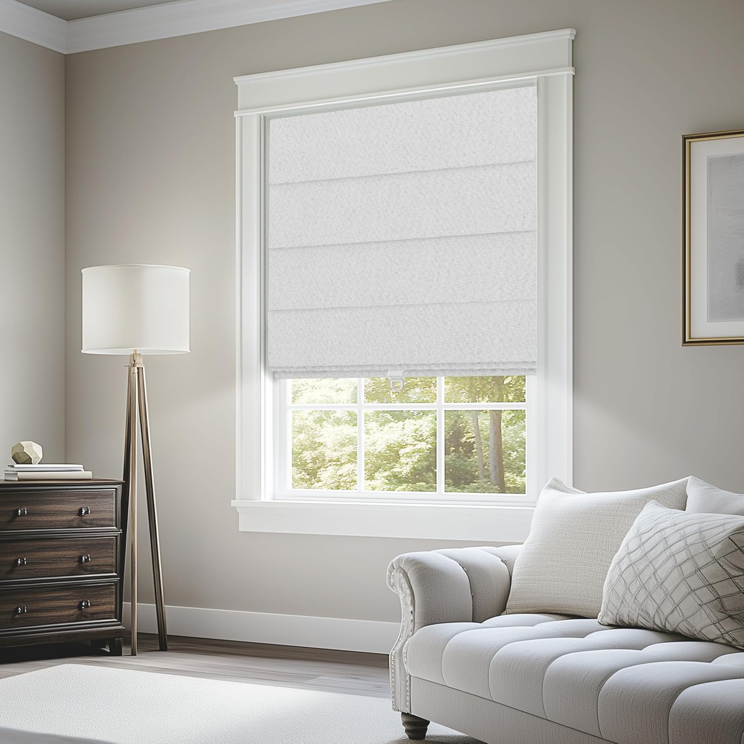 BERISSA Cordless Roman Shades for Windows Blackout,Pull Down Linen Fabric Roman Blinds,Privacy Window Shades for Door Windows,Bedroom,Office,Easy to Install,Misty White,72" W x 78" H.