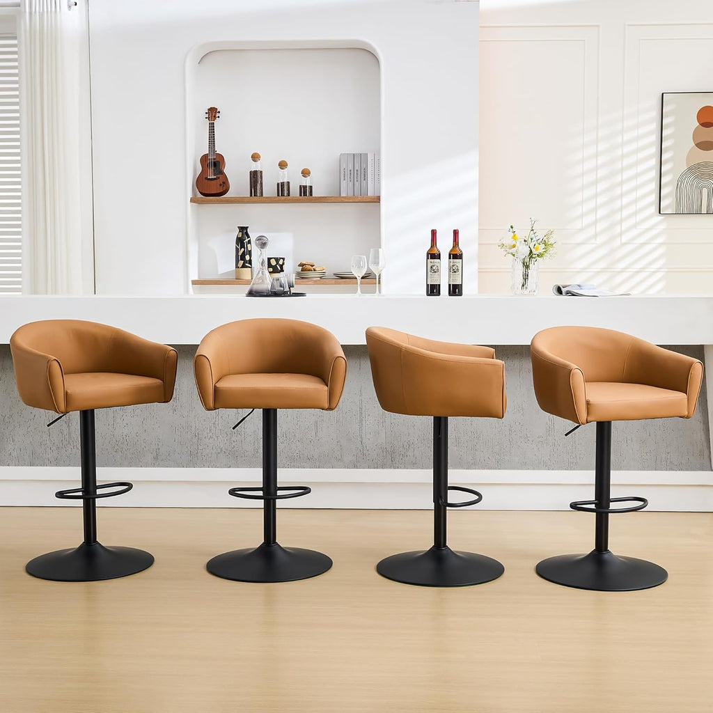 Bar Stools Set of 4, Swivel Counter Height Barstools with Back and Arms, Adjustable Faux Leather Bar Chair, Upholstered Island Stool for Bar, Kitchen, Counter (Caramel Brown, Set of 4)