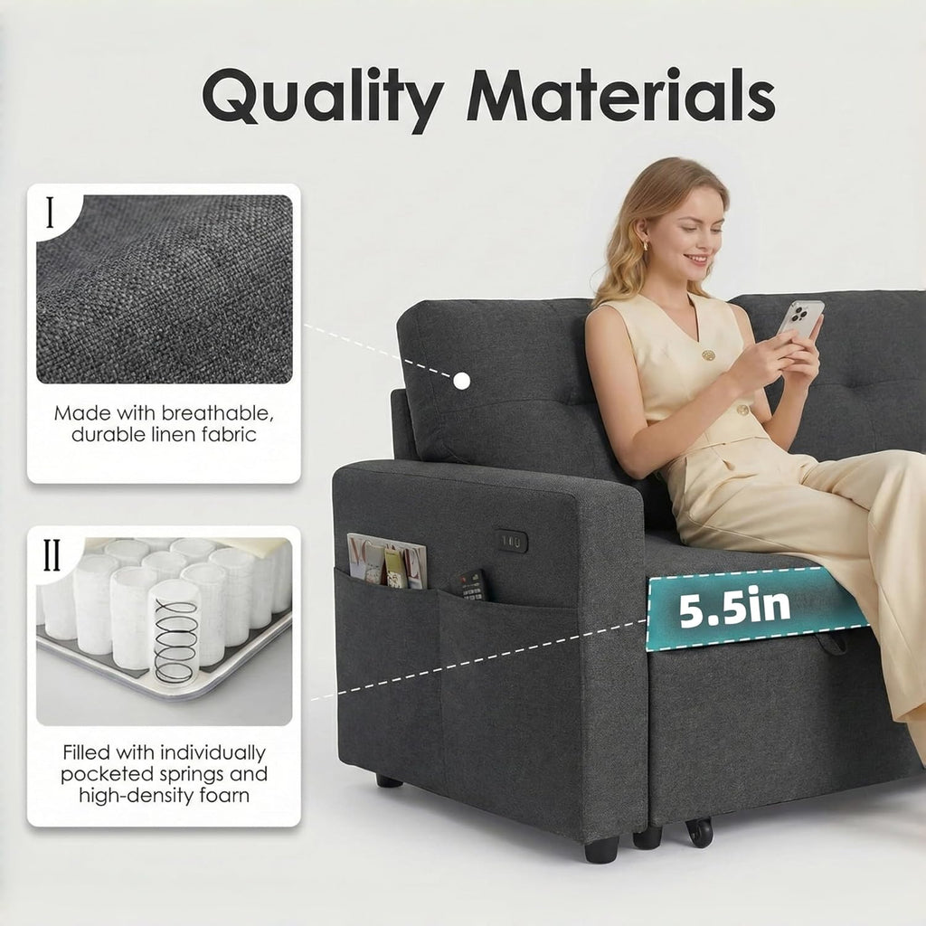 Convertible Sleeper Sofa Bed with Pull Out Couch, L Shaped Couch with Chaise Storage, USB Charge & Side Pocket, Small Sectional Couches for Living Room, Apartment | Linen Fabric | 82" | Dark Grey