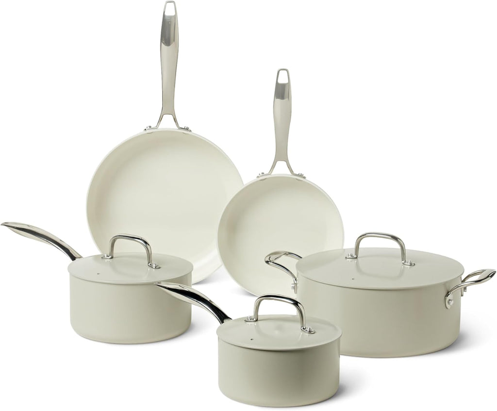 Amazon Basics Ceramic Nonstick Cookware, 8-Piece Set of Pots and Pans, Dishwasher and Oven-Safe, All Cooktop Induction Friendly, Linen Gray