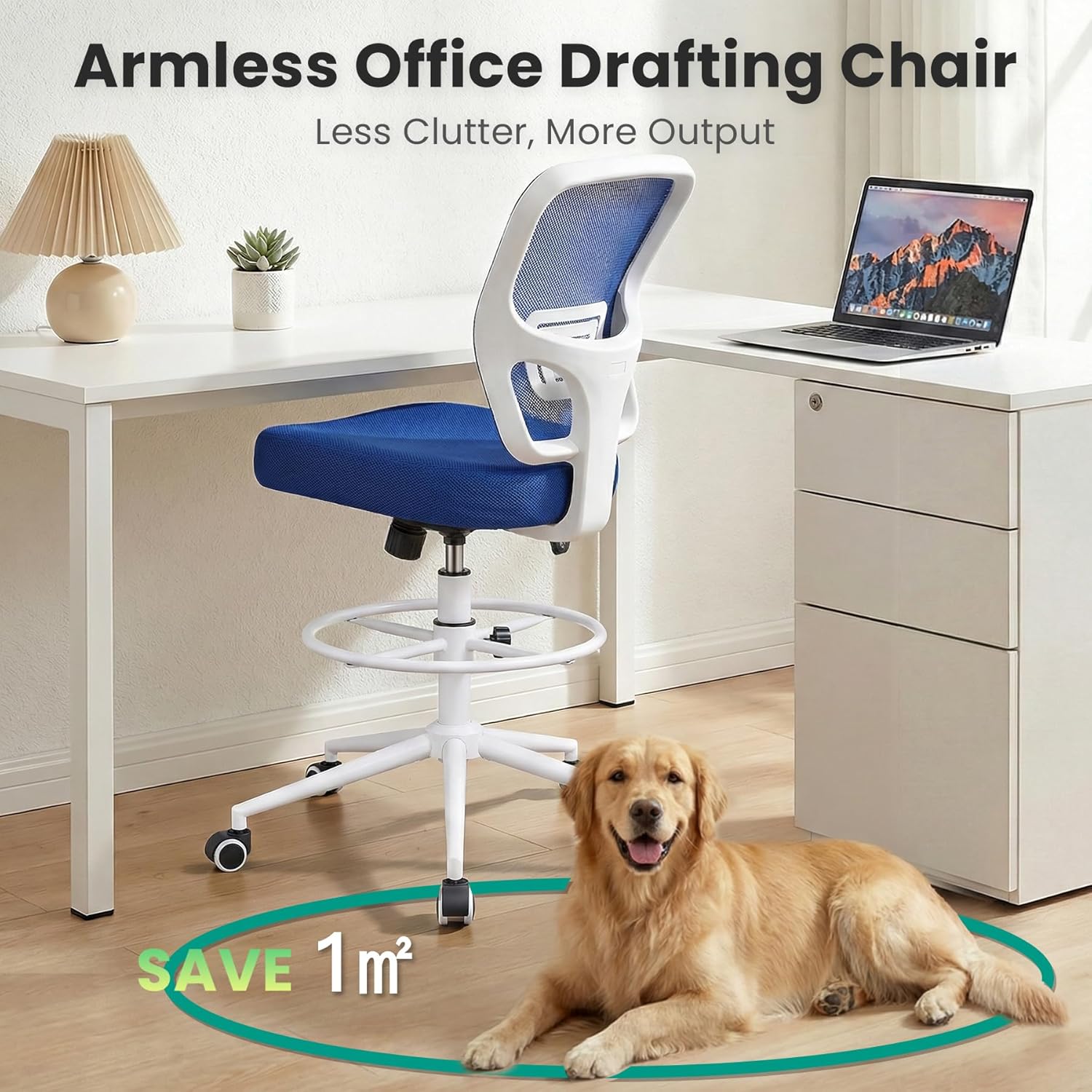 Armless Drafting Chair Tall Office Chair for Standing Desk - Adjustable Height Mesh Ergonomic Stool with Foot Ring, Rolling Counter Height Computer Chair for Small Spaces & Home Office