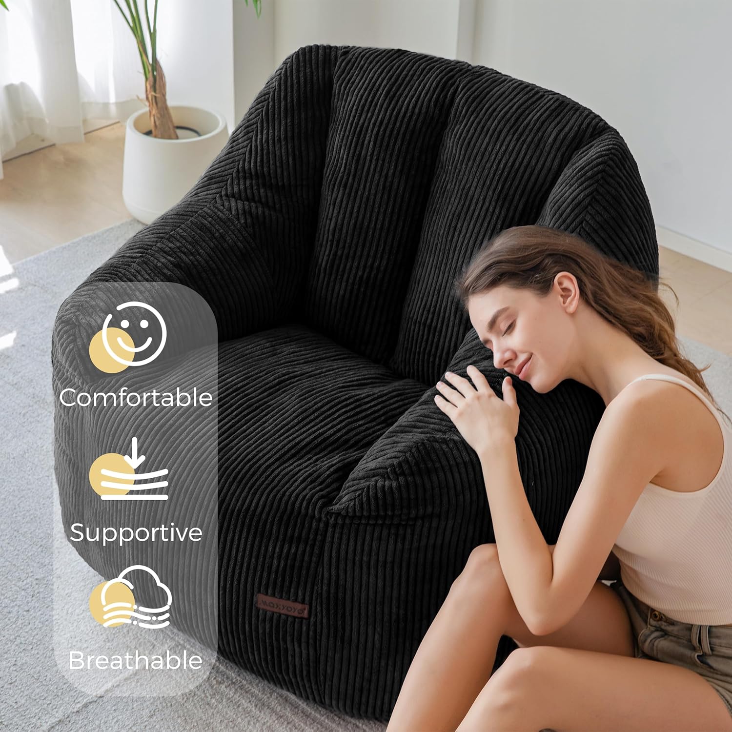 MAXYOYO Bean Bag Chair, Bean Bag Sofa with Filler, Cozy Living Room Chair for Adults and Kids, Stuffed Floor Sofa for Bedroom Dorm Reading, Black