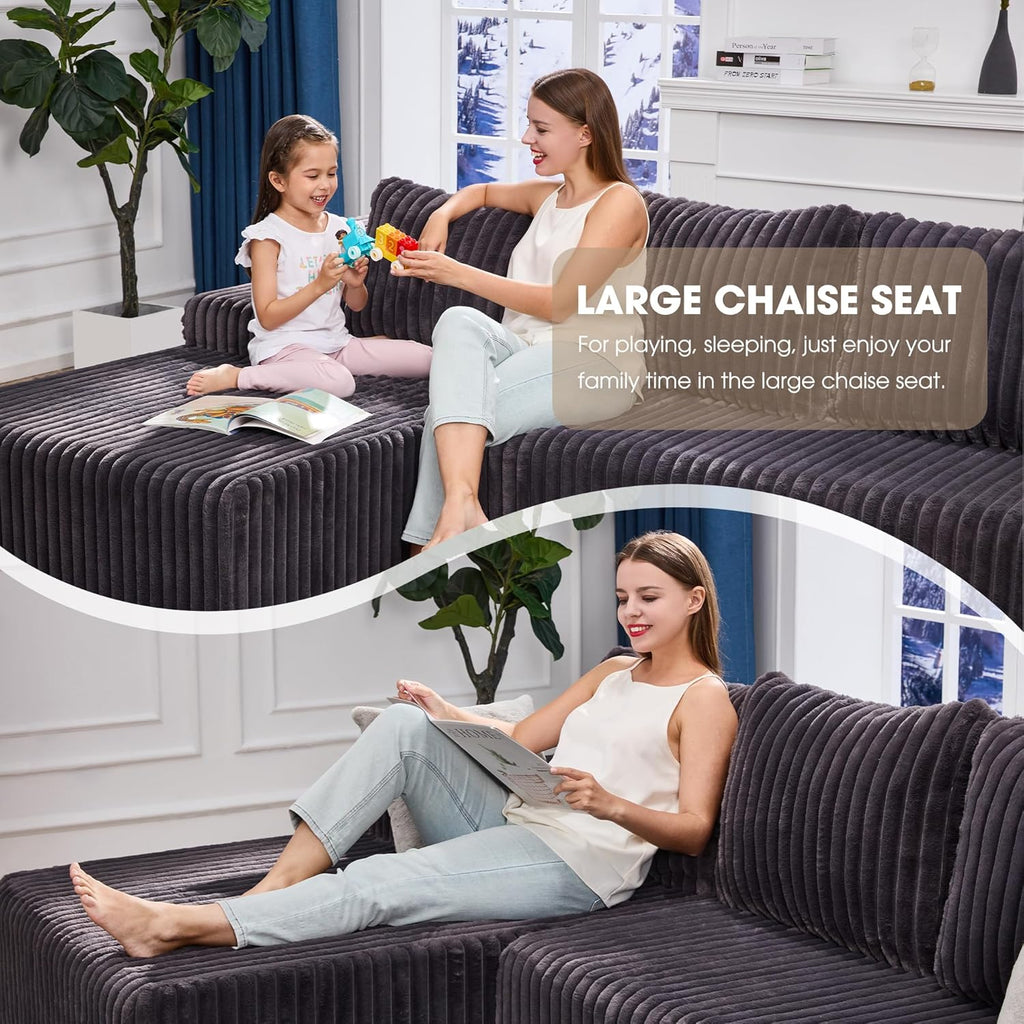 Modular Sectional Sofa Couches L-Shape Couch 3 Seat Modular Sofa Memory Foam Sectional Couches for Living Room, Cloud Couch with Oversized Chaise (Grey Stripe, 96" Left Facing Chaise)