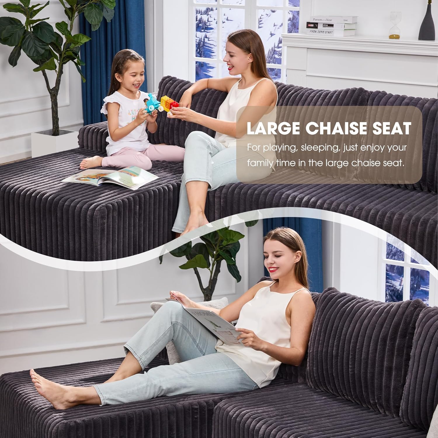 Modular Sectional Sofa Couches L-Shape Couch 3 Seat Modular Sofa Memory Foam Sectional Couches for Living Room, Cloud Couch with Oversized Chaise (Grey Stripe, 96" Left Facing Chaise)
