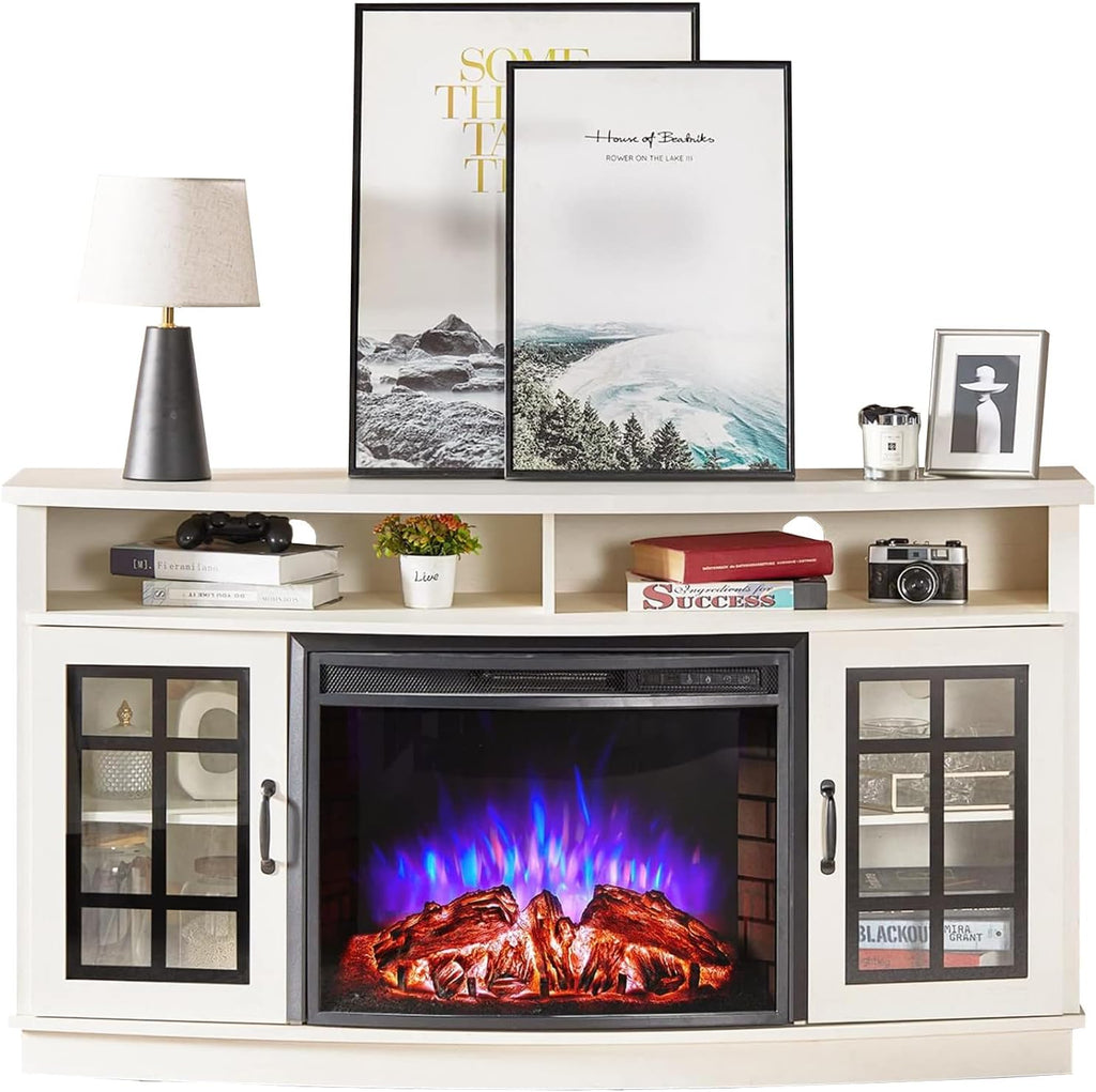 AMERLIFE Curved Fireplace TV Stand with 26'' Electric Fireplace, Media Entertainment Center Farmhouse Glass Door Storage Cabinet, Open Shelve Console Table for TVs up to 65'', Distressed White