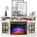 AMERLIFE Curved Fireplace TV Stand with 26'' Electric Fireplace, Media Entertainment Center Farmhouse Glass Door Storage Cabinet, Open Shelve Console Table for TVs up to 65'', Distressed White