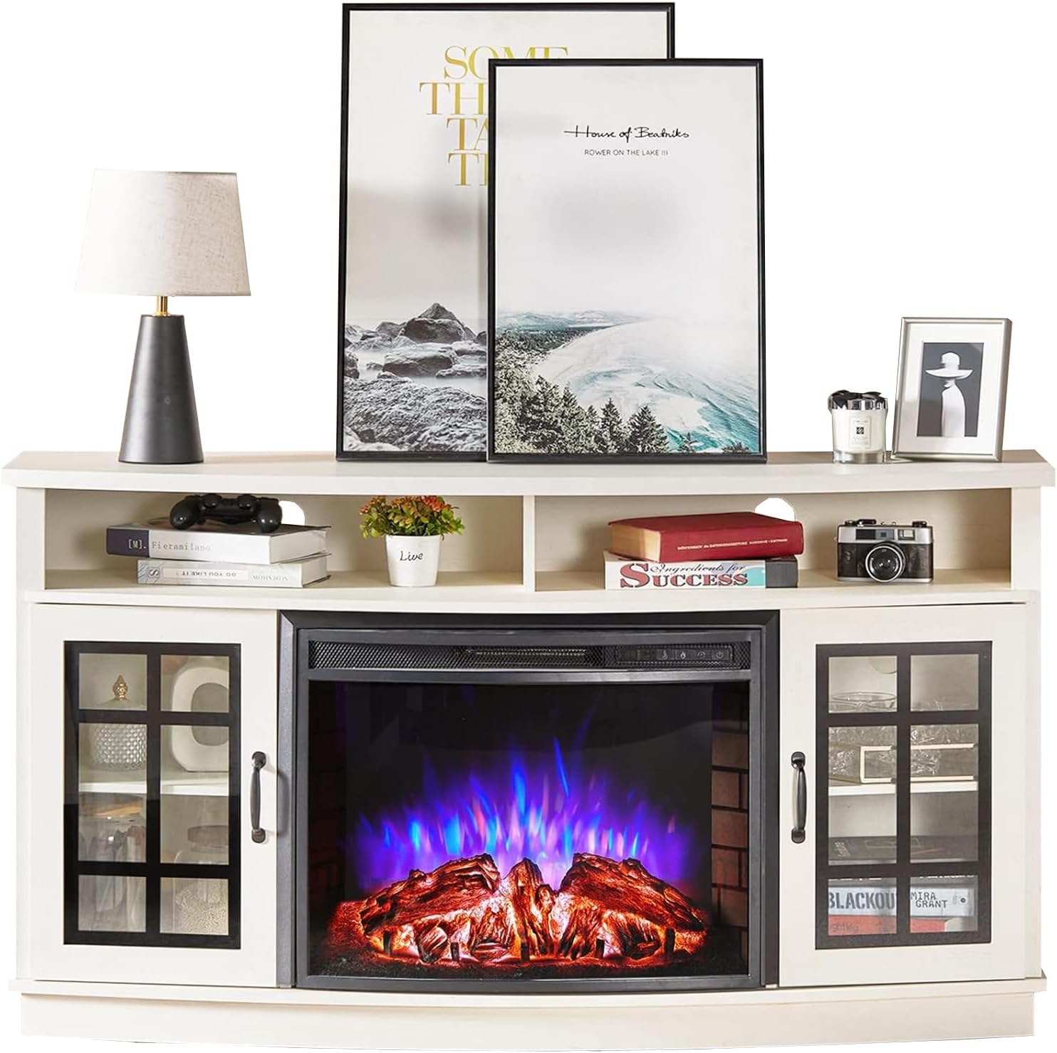 AMERLIFE Curved Fireplace TV Stand with 26'' Electric Fireplace, Media Entertainment Center Farmhouse Glass Door Storage Cabinet, Open Shelve Console Table for TVs up to 65'', Distressed White