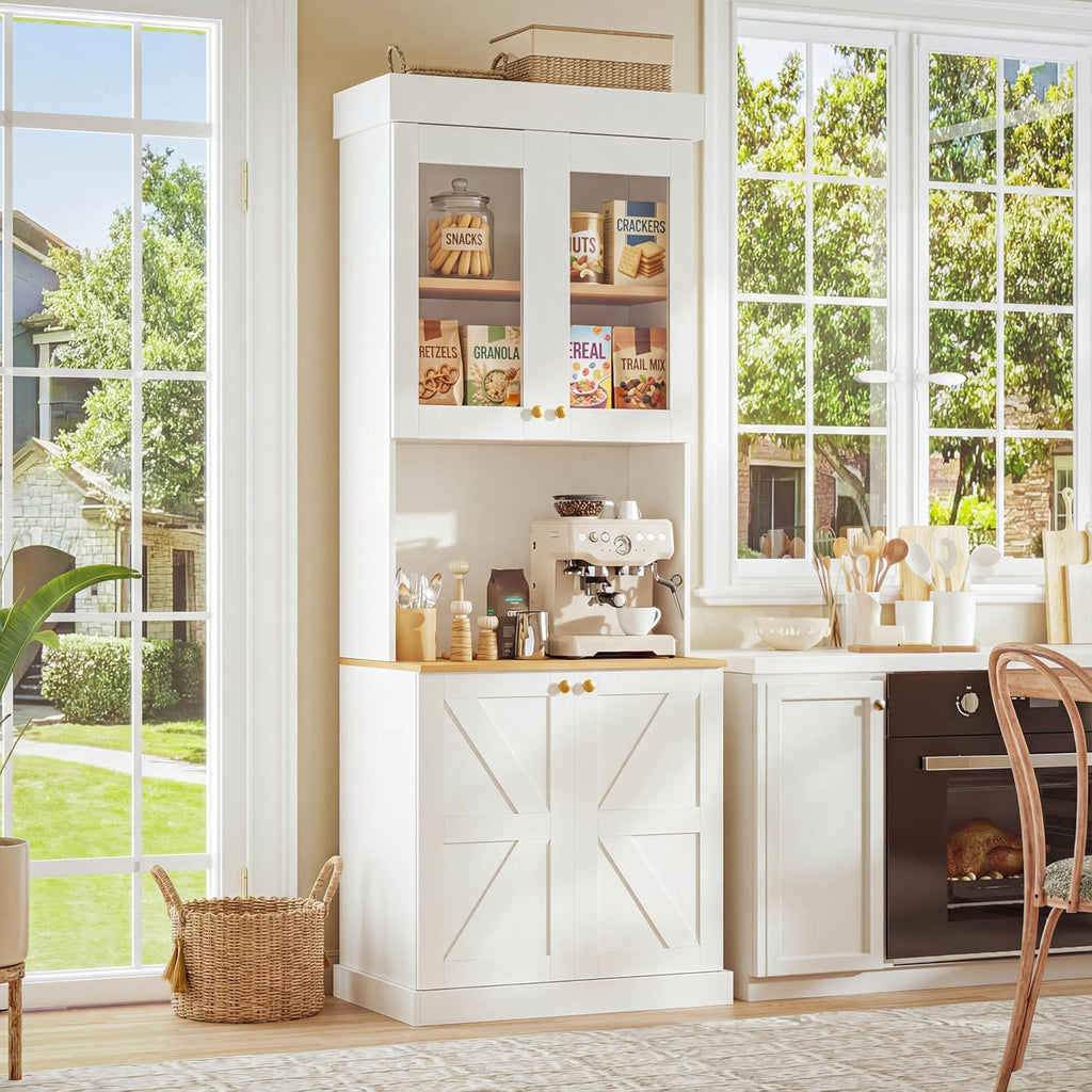 Vyre 71" Farmhouse Kitchen Pantry Cabinet Set of 2, White Freestanding Coffee Bar Hutch with Glass Doors & Adjustable Shelves, Large Storage Cabinet with Microwave Stand for Living Room & Kitchen